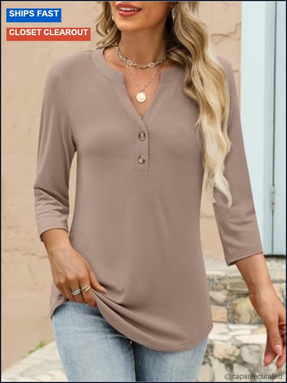Women 3/4 Sleeve V Neck Henley Tunic Top Loose Fit Office Casual Tee - Picture 5 of 6
